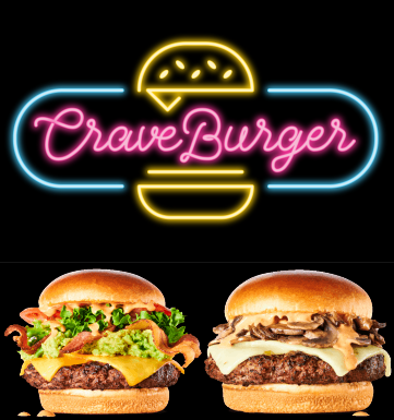 The Craveburger logo atop a photograph of two delicious hamburgers.