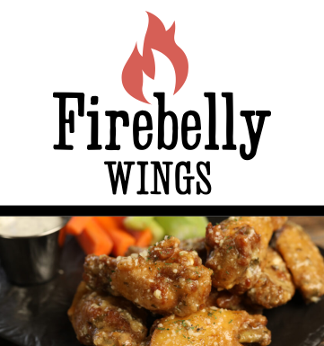 The Firebelly Wings atop a photograph of wings in a sweet chili sauce with carrots, celery, and rance dressing.