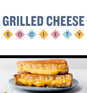 The Grilled Cheese Society logo atop a photograph of a traditional grilled cheese sandwich.