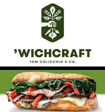 The Wichcraft logo atop a photograph of a flank steak, pepper, and cheese sandwich on a footlong cibata roll.
