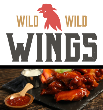 The Wild Wild Wings logo atop a photograph of garlic parmesan dry-rub wings with carrots, celery, and ranch dressing.